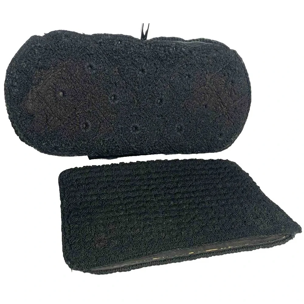 Vintage Set of 2 Large Clutch‎ Black Woven Handbags w/Celluloid Pull Unbranded